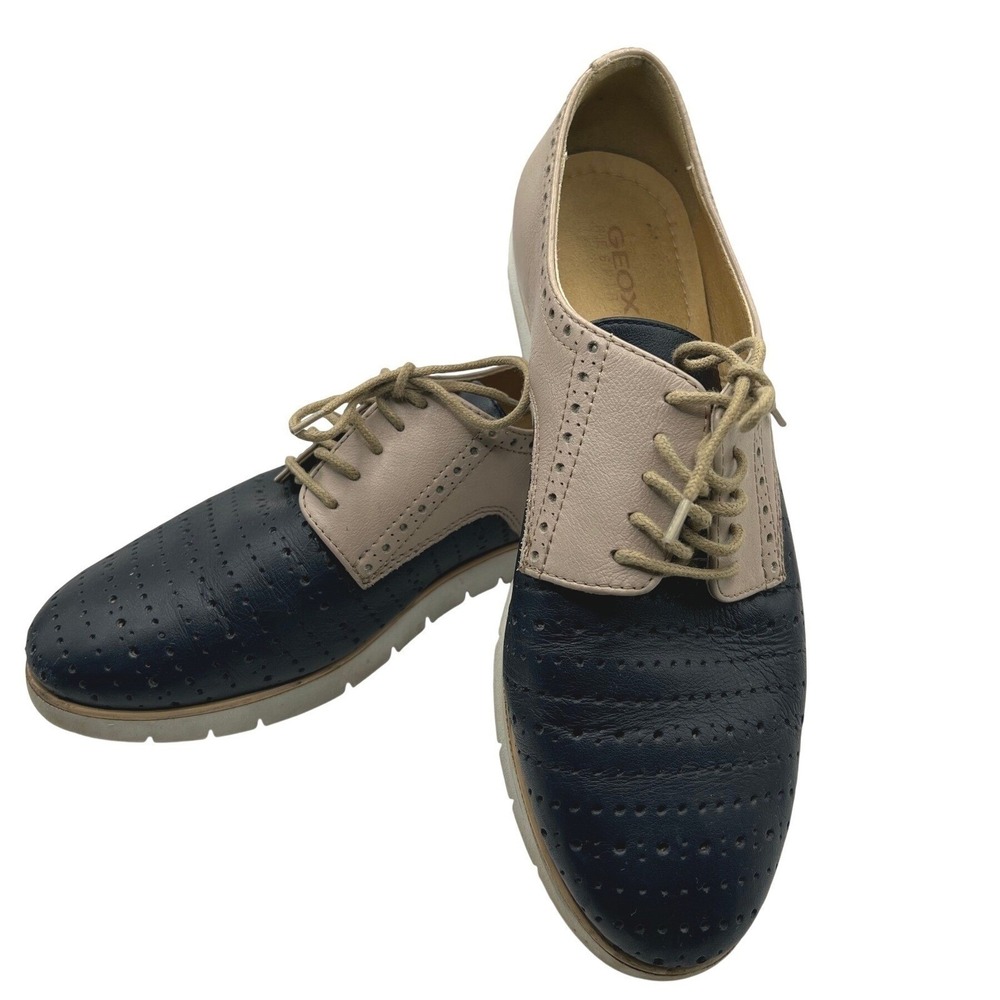 Geox Blue Tow Tone Womens Oxfords Size 9 Leather Lace‎ Up Brogue Shoes EU 38.5